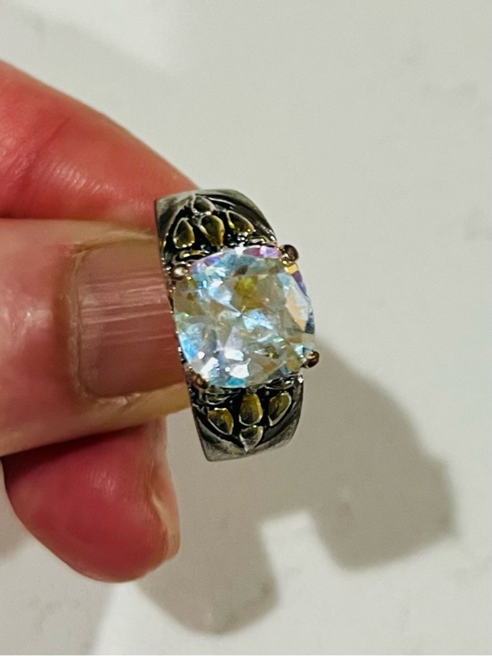 Vintage Two Tone Ring AB Crystal Cushion Stone Size 8.25 - Picture 3 of 12